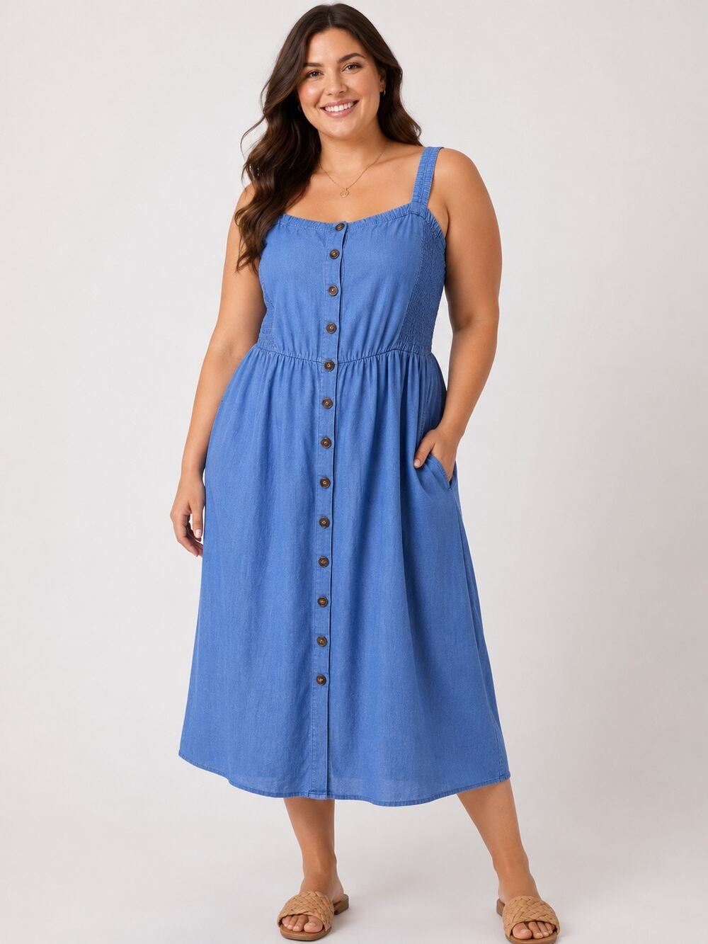Torrid Tea Length Chambray Button Front Dress Smocked 3X Lyocell Blue